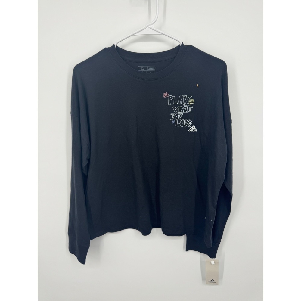 NWT Adidas LS Crew Waist T-Shirt Girls 16 Black Loose Fit Pull Over Short Sleeve